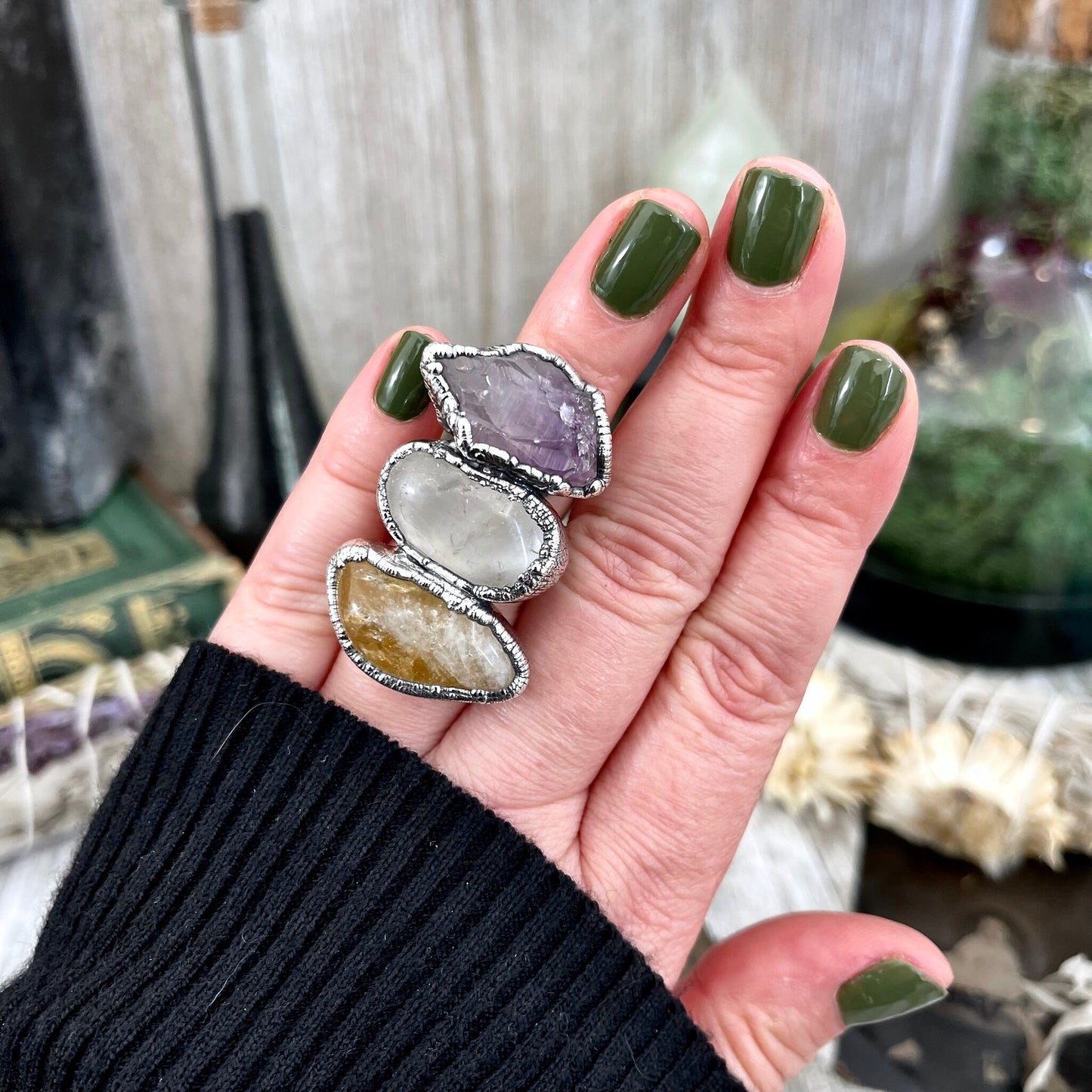Size 6 Crystal Ring - Three Stone Ring Citrine Clear Quartz Raw Amethyst Ring Silver/ Foxlark Collection - One of a Kind / Crystal Jewelry