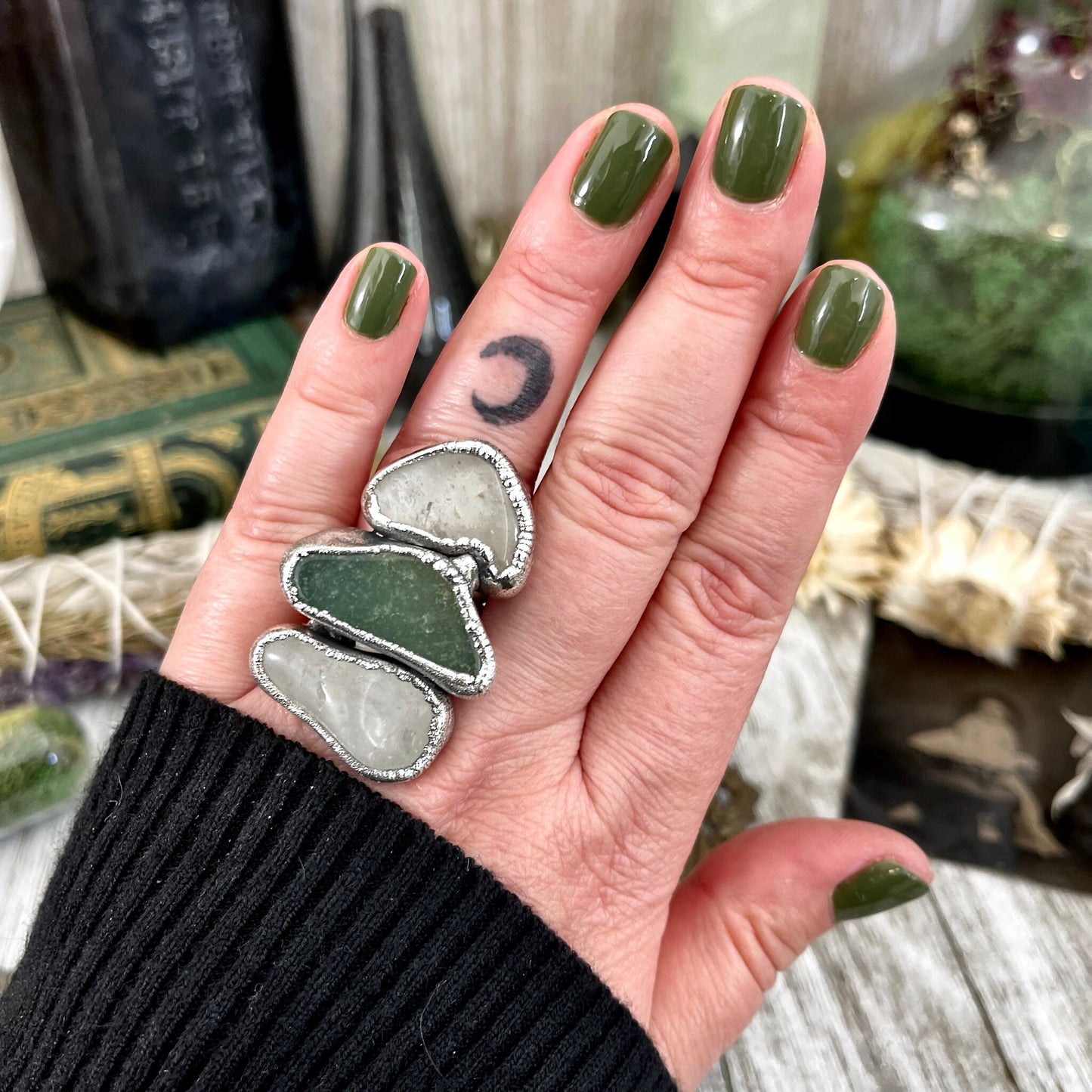 Size 7 Crystal Ring - Three Stone Clear Quartz Green Aventurine Ring in Silver / Foxlark Collection - One of a Kind / Big Crystal Jewelry