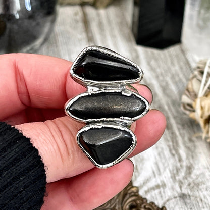 Size 8 Crystal Ring - Three Stone Ring Black Onyx Ring in Silver / Foxlark Collection - One of a Kind / Witchy Big Crystal Jewelry Goth Ring
