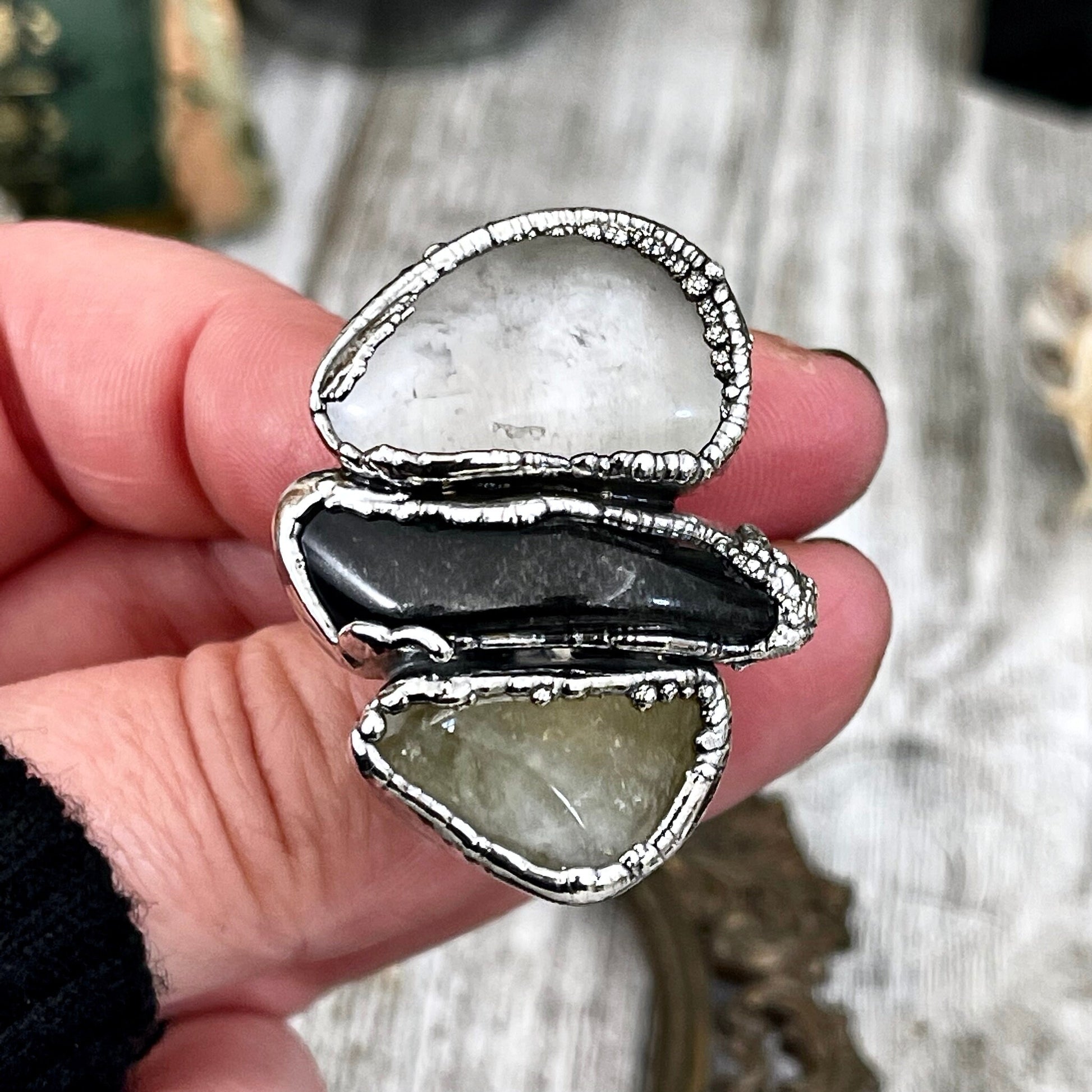 Size 7 Crystal Ring - Three Stone Black Onyx Yellow Citrine & Quartz Silver Ring / Foxlark Collection - One of a Kind / Big Crystal Jewelry