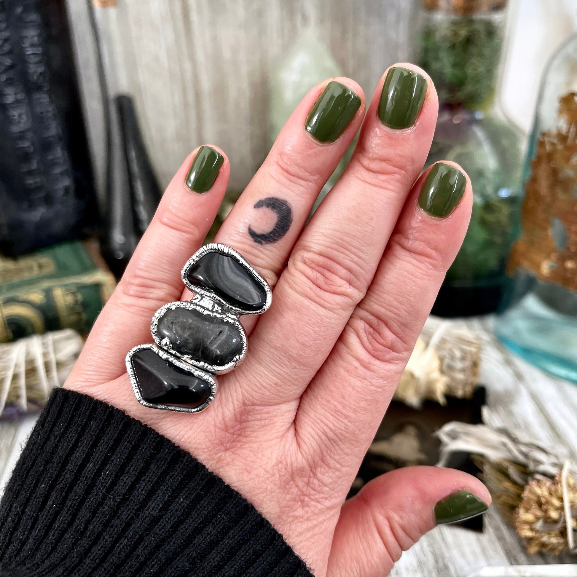 Size 7.5 Crystal Ring - Three Stone Ring Black Onyx Tourmaline Quartz Silver Ring / Foxlark Collection - One of a Kind / Big Crystal Jewelry