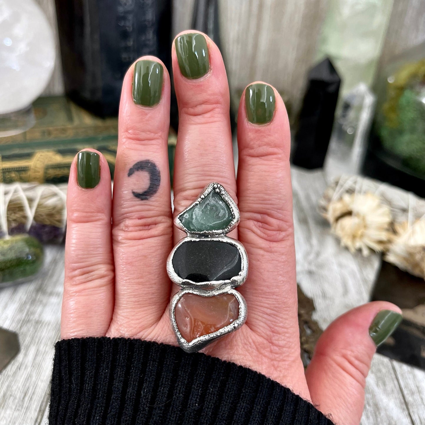 Size 9 Crystal Ring - Three Stone Ring Black Onyx Carnelian Aventurine Silver Ring / Foxlark Collection - One of a Kind / Crystal Jewelry