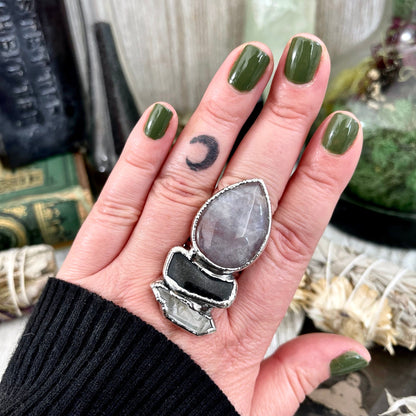 Size 8.5 Crystal Ring - Three Stone Ring Fancy Moss Agate Black Onyx & Raw Quartz Silver Ring / Foxlark Collection - One of a Kind Jewelry