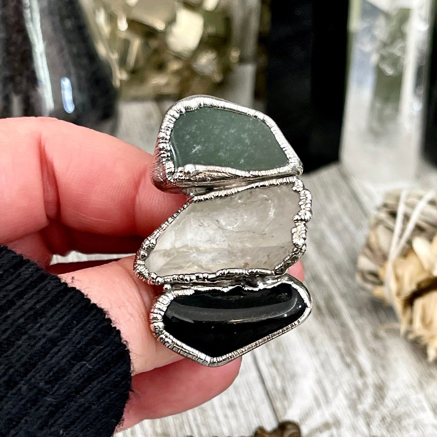 Size 9.5 Crystal Ring - Three Stone Ring Black Onyx Raw Clear Quartz & Aventurine Silver Ring / Foxlark Collection - One of a Kind Jewelry