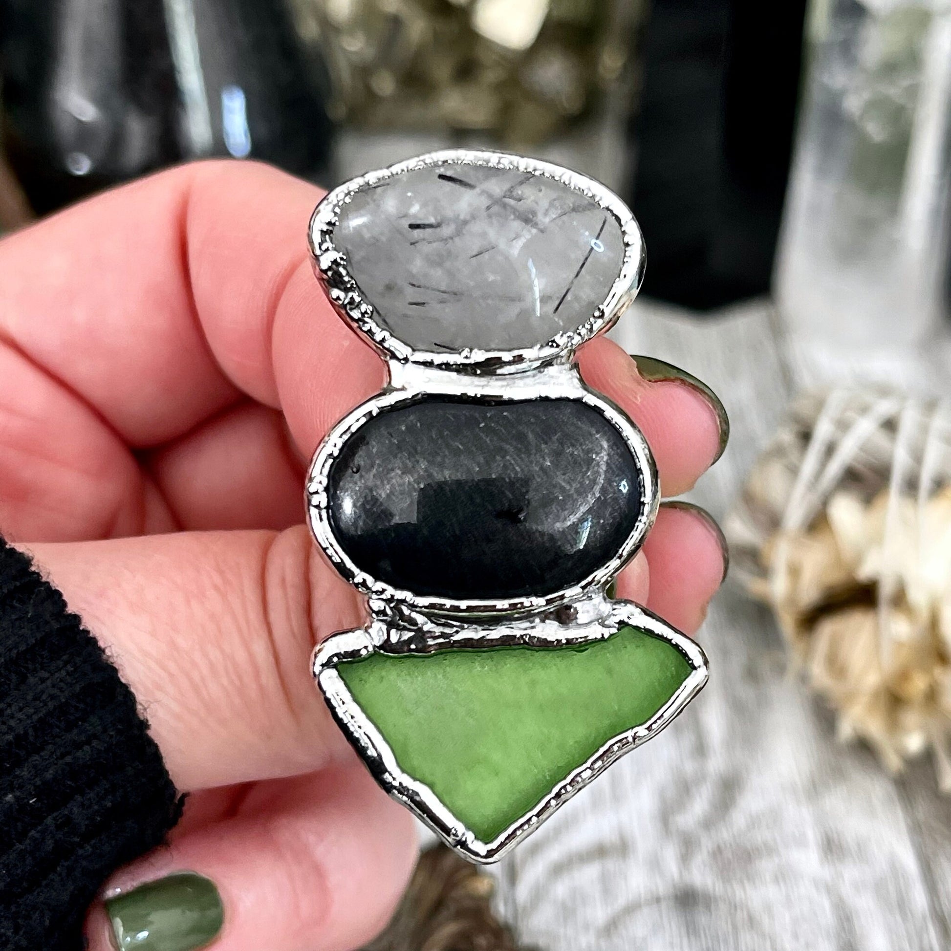 Size 8 Crystal Ring - Three Stone Black Onyx Sea Glass Tourmaline Quartz Ring Sliver / Foxlark Collection - One of a Kind / Crystal Jewelry