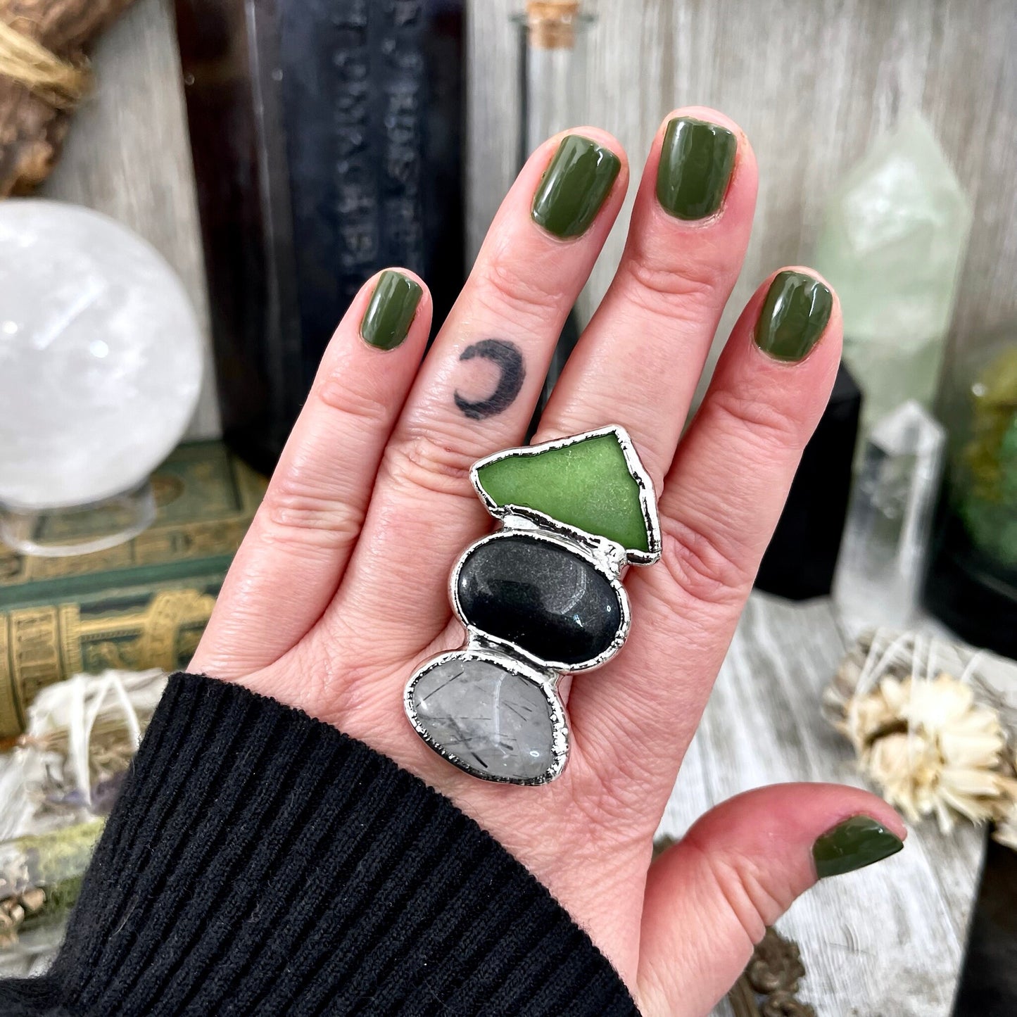 Size 8 Crystal Ring - Three Stone Black Onyx Sea Glass Tourmaline Quartz Ring Sliver / Foxlark Collection - One of a Kind / Crystal Jewelry