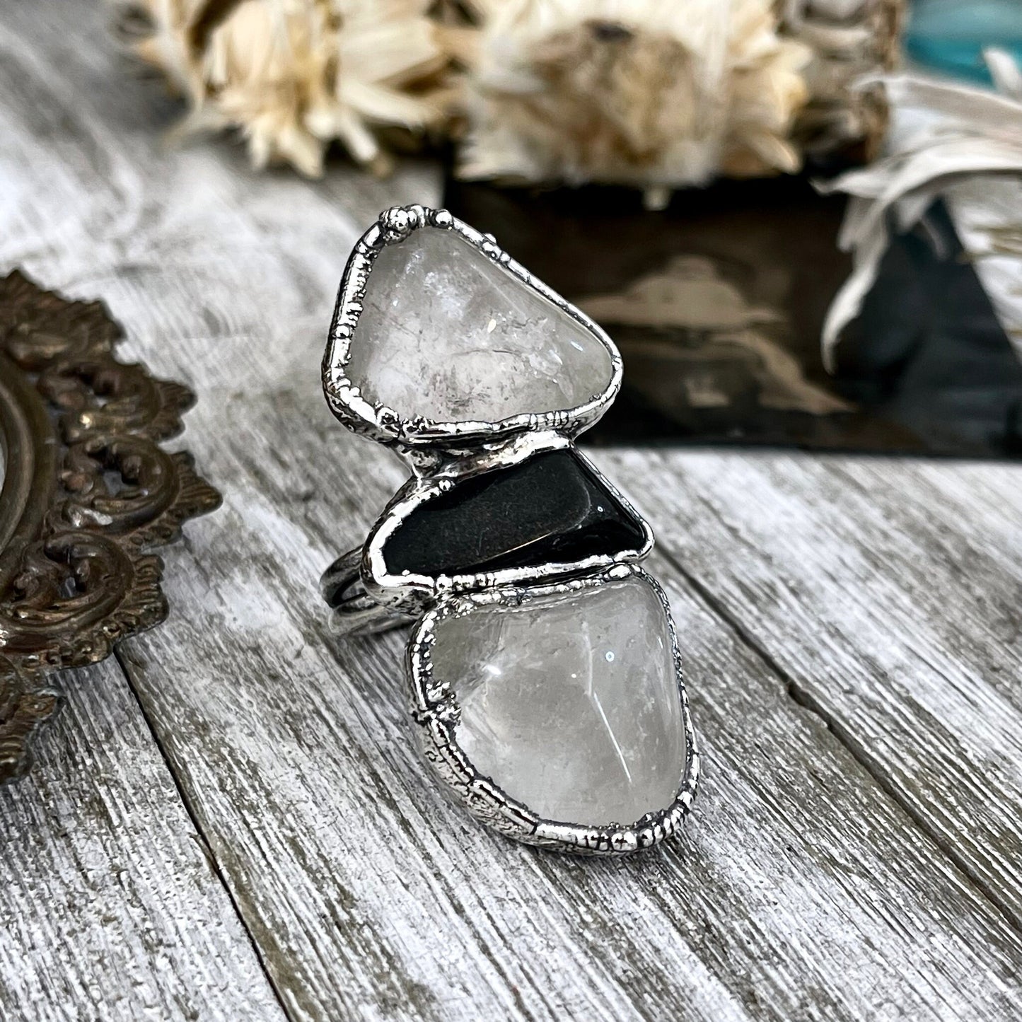 Size 8.5 Crystal Ring - Three Stone Black Onyx Clear Quartz Ring in Silver / Foxlark Collection - One of a Kind / Big Boho Crystal Jewelry