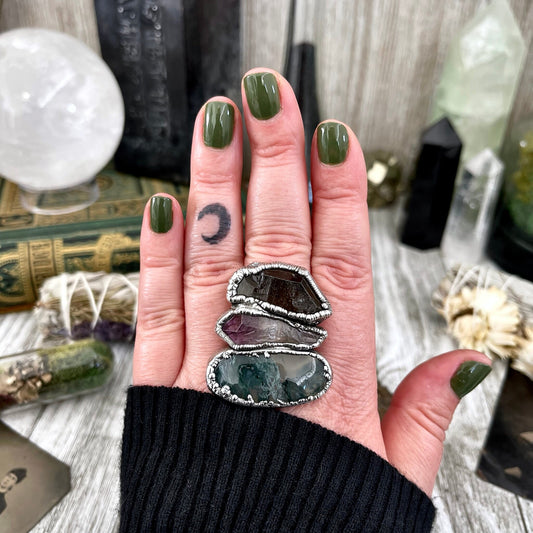 Size 10 Crystal Ring - Three Stone Smokey Quartz Moss Agate Amethyst Ring in Silver / Foxlark Collection - One of a Kind / Crystal Jewelry