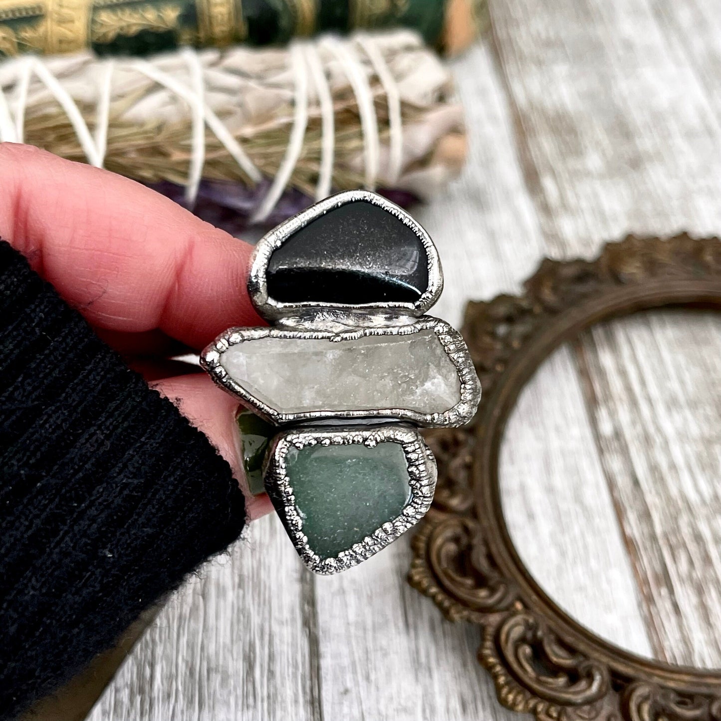 Size 7 Crystal Ring - Three Stone Black Onyx Aventurine Raw Quartz Ring in Silver / Foxlark Collection - One of a Kind / Crystal Jewelry