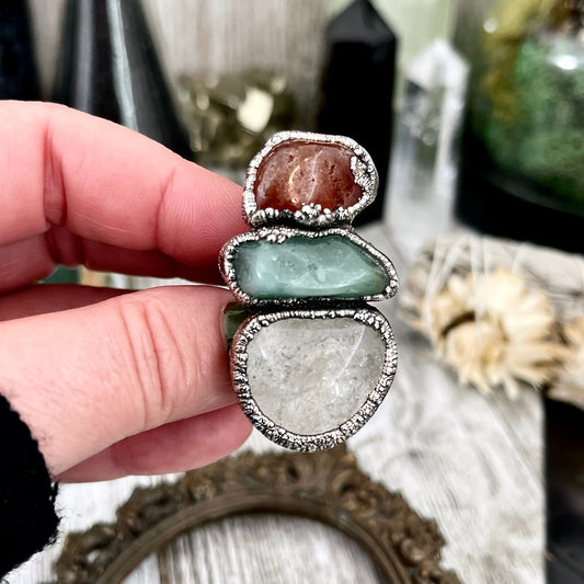 Size 9.5 Crystal Ring - Three Stone Red Carnelian Clear Quartz Aventurine Silver Ring / Foxlark Collection - One of a Kind / Crystal Jewelry