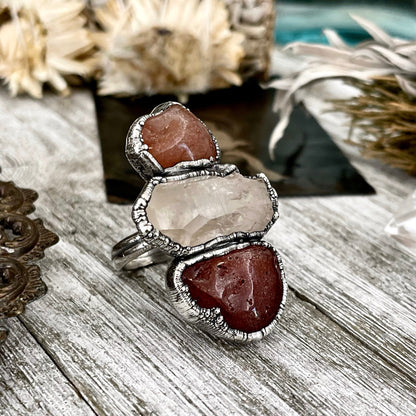 Size 8.5 Crystal Ring - Three Stone Ring Red Carnelian Clear Quartz Silver Ring / Foxlark Collection - One of a Kind / Big Crystal Jewelry