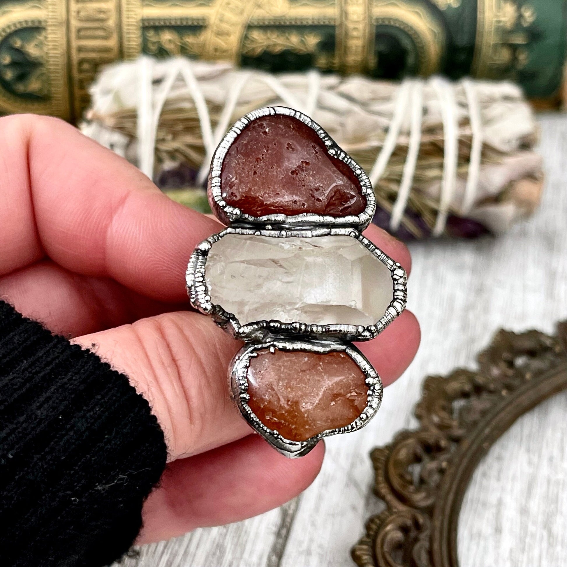 Size 8.5 Crystal Ring - Three Stone Ring Red Carnelian Clear Quartz Silver Ring / Foxlark Collection - One of a Kind / Big Crystal Jewelry