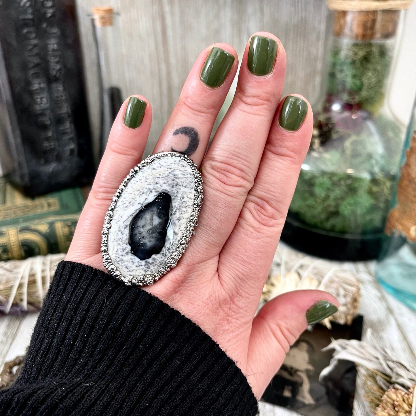 Size 7 Dendritic Agate Large Crystal Ring in Fine Silver / Foxlark Collection - One of a Kind / Big Crystal Ring Witchy Jewelry